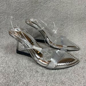 Good American Wedge Heels Silver Clear Block Heels Sandals Size 6 Brand New